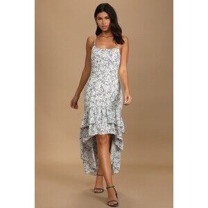 Lulus Cheery Attitude White Floral Print Ruffled High-low Maxi Dress Blue